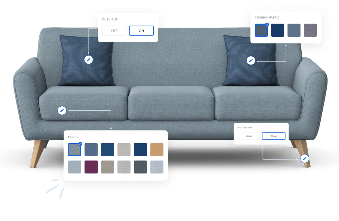 3D image of a couch in the product configurator, showcasing customizable components like pillows, legs, and covers