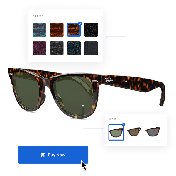 3D configurator of sunglasses, showing customizable shades, frames, and patterns