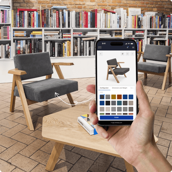 Hand holding phone displaying 2D Product Configurator in a cozy, furnished room, illustrating endless customisation options for furniture