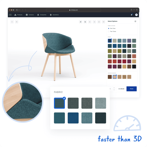 Customisable chair in 2D product configurator by Mimeeq, highlighting types of fabric that can be selected, featuring blue and green chairs for customisation