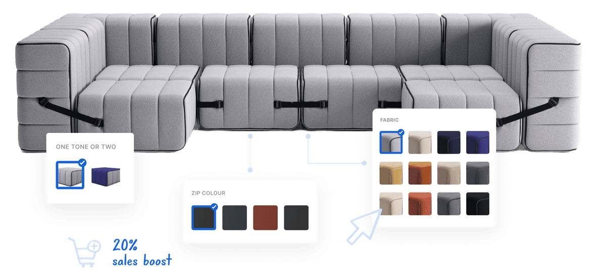 Grey couch with black straps customisable through Mimeeq's 2D product configurator, featuring close-ups on upholstery and seat belt, with a background displaying fabric options