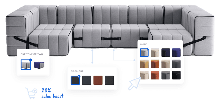 Grey couch with black straps customisable through Mimeeq's 2D product configurator, featuring close-ups on upholstery and seat belt, with a background displaying fabric options