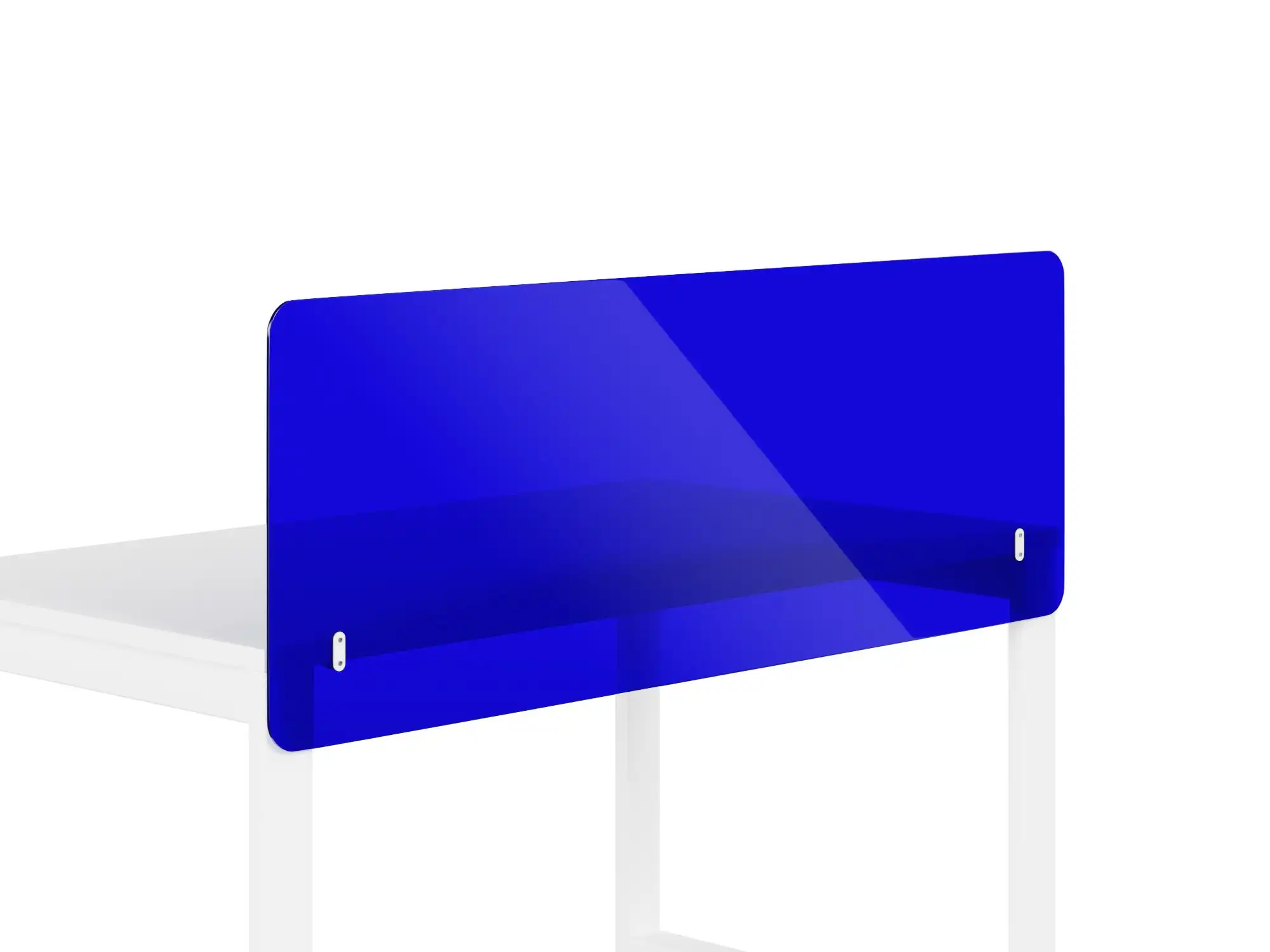 2D product configurator demo of a modern office desk with customizable screen colours, desk sizes, and cable management features. Blue acrylic screen option shown.