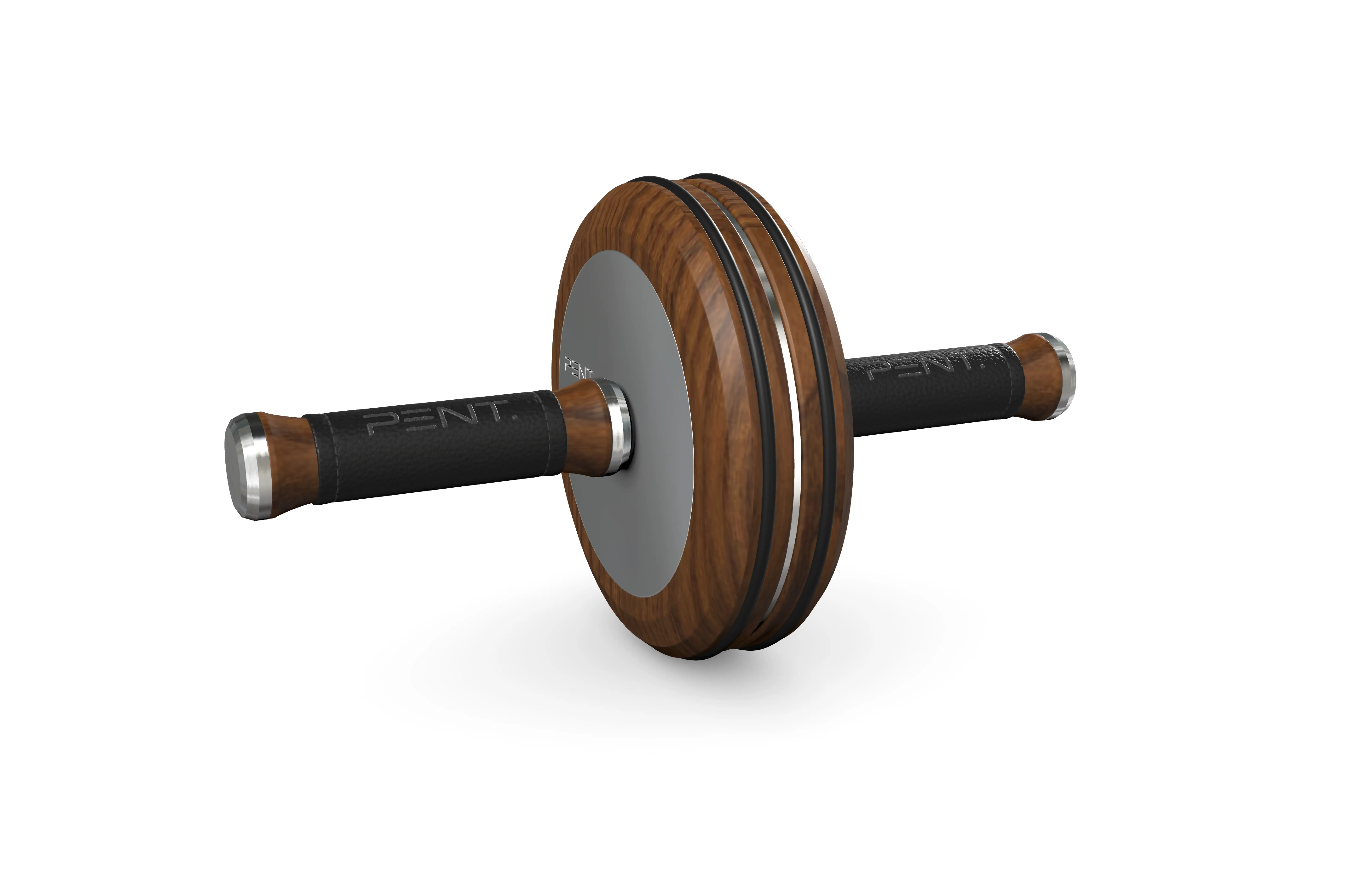 Premium wooden ab roller with customizable finishes featuring dual wheels, ergonomic black handles with wooden accents, and metal details for effective core training exercises