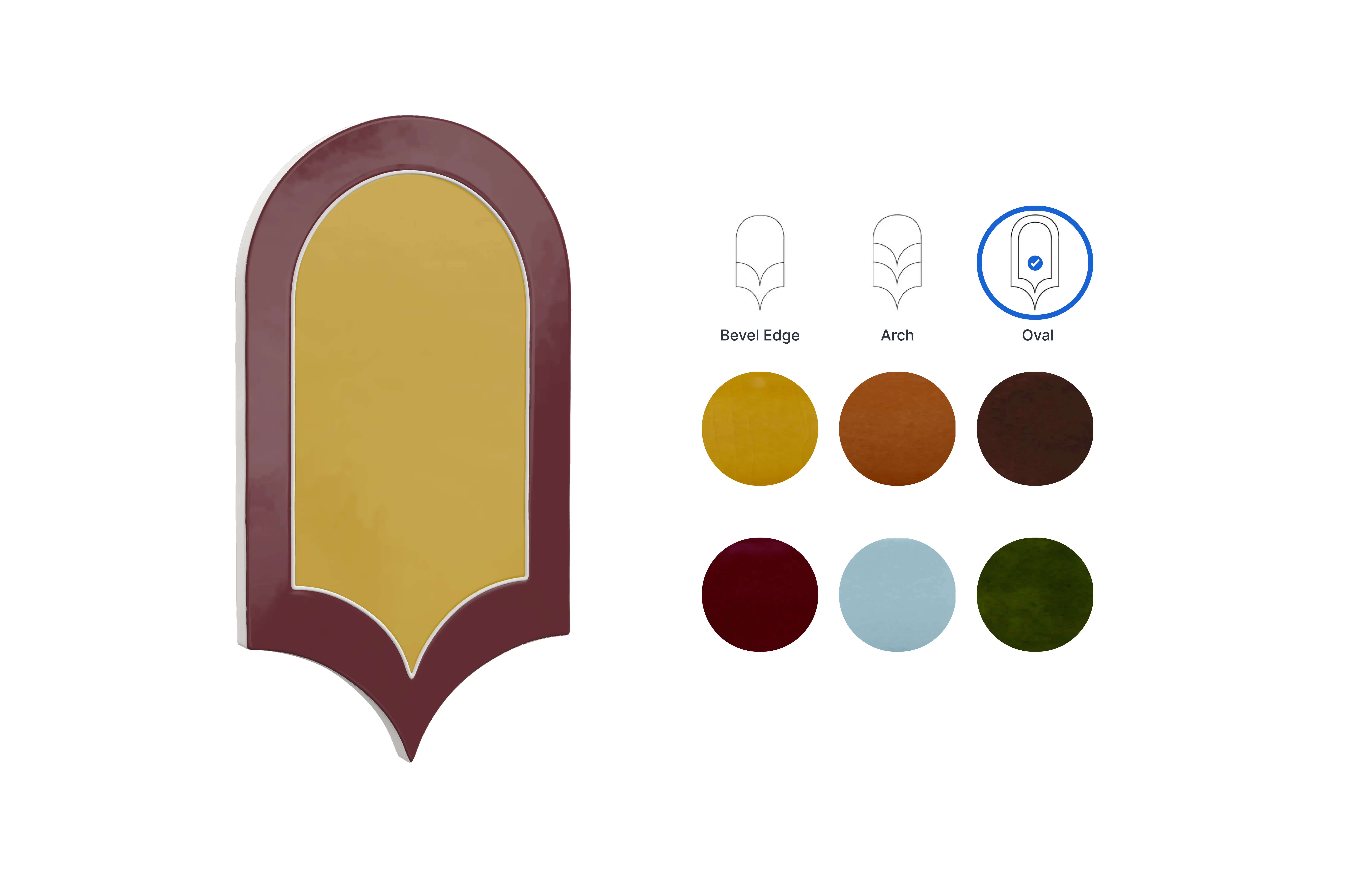 Decorative ceramic tile with an arched shape, featuring a mustard yellow center and a deep burgundy border with a raised tube-lined outline.