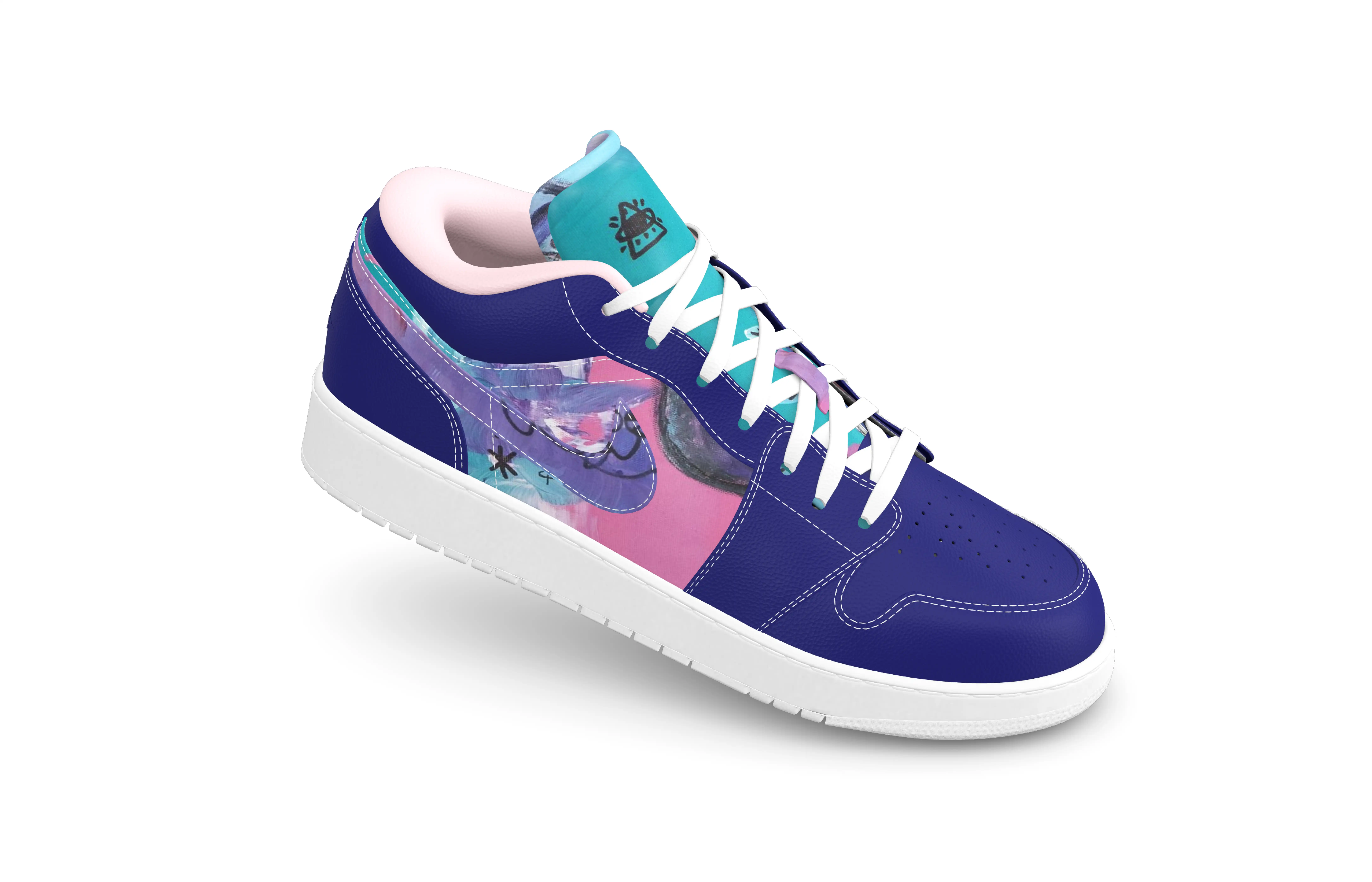 Customisable 3D sneaker with colourful patterns, interactive mesh sections, and laces shown in a real-time product configurator with camera rotation.