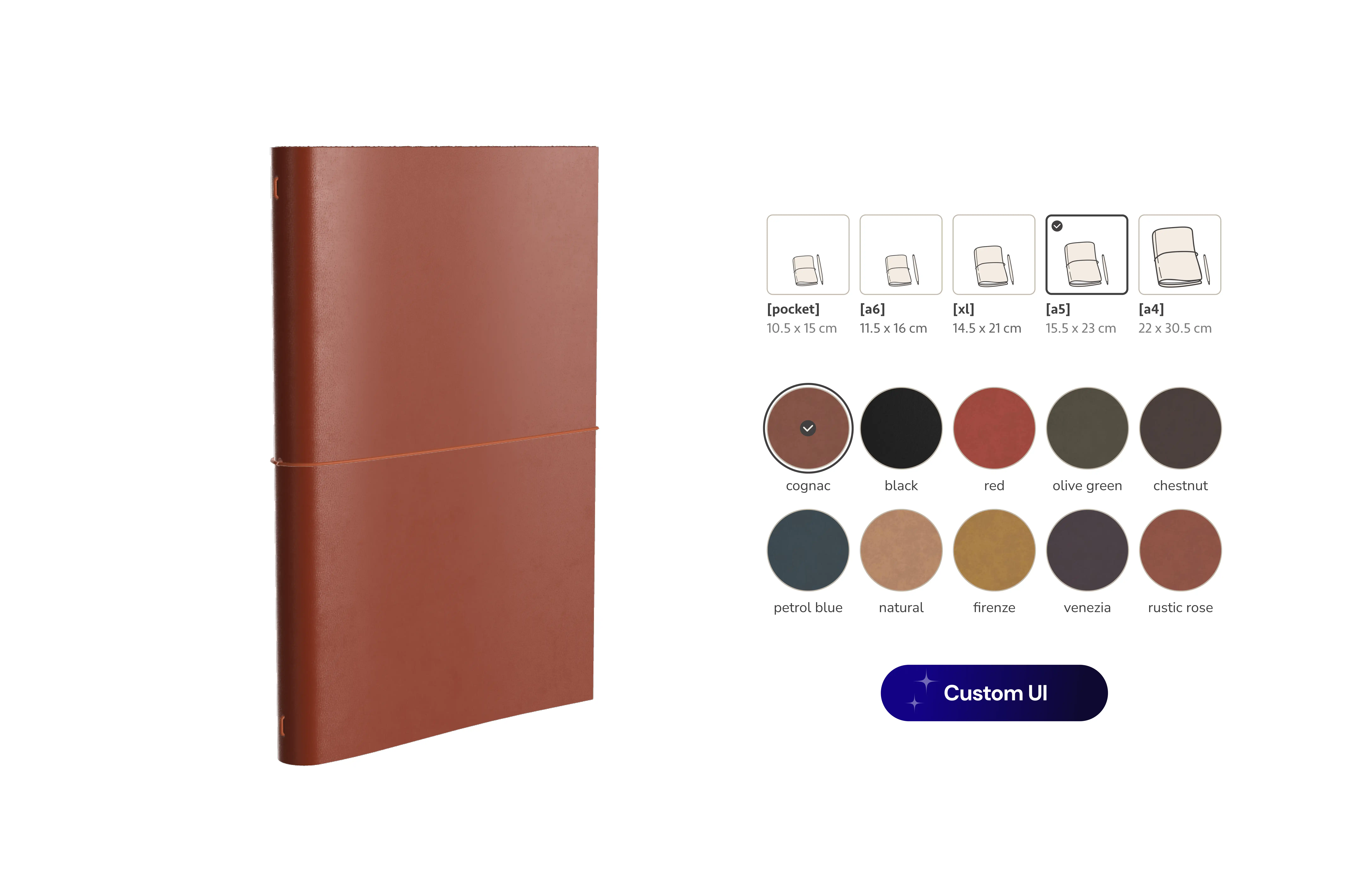 3D leather journal configurator demo by Mimeeq - Interactive product customization tool showing real-time material selection with 10 premium leather colors (cognac, black, red, olive green, chestnut, petrol blue, natural, firenze, venezia, rustic rose) and 5 size options from pocket to A4. Features smooth 3D rotation, elastic band customization, and instant visual updates. Perfect example of e-commerce product personalization for luxury stationery brands