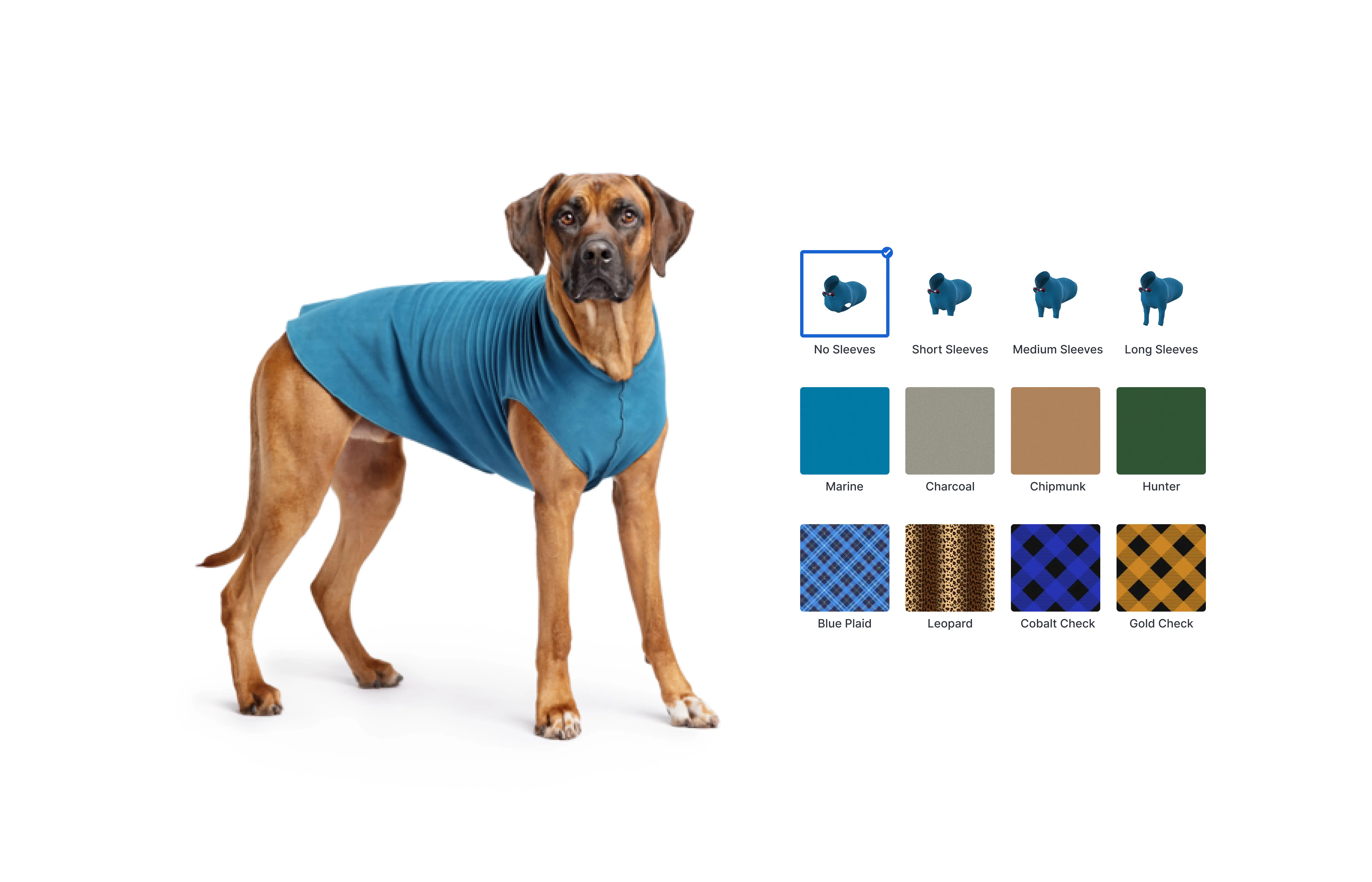 Interactive 3D configurator demo for custom pet clothing by Mimeeq. Real-time visualization of stretch fleece dog sweaters with multiple color options, size selection from XS to XXL, and instant 360° preview.
