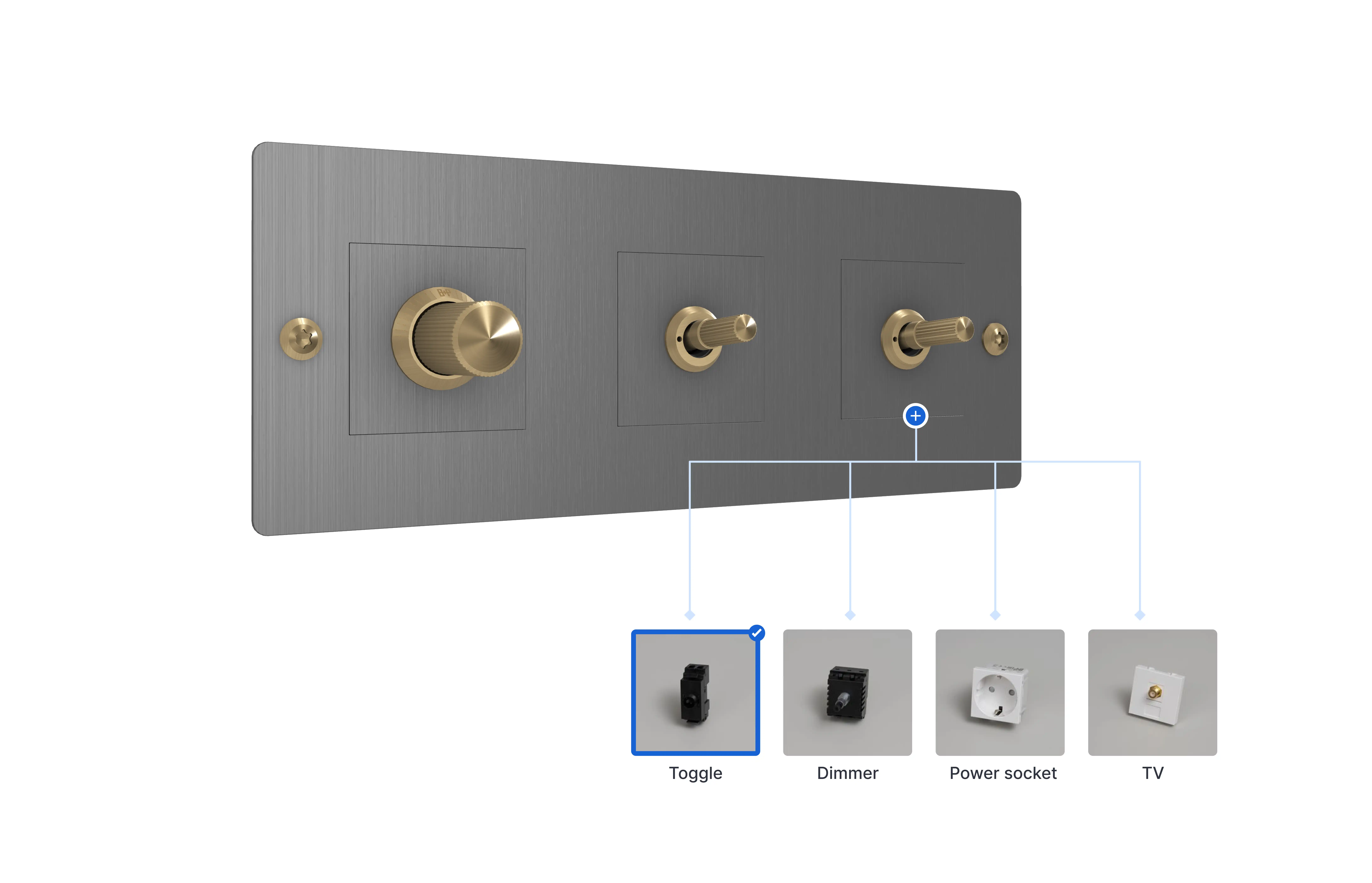 "Interactive 3D switch plate configurator interface showing modular electrical hardware customization. Features drag-and-drop module selection including toggle switches, dimmers, power sockets, and TV outlets.