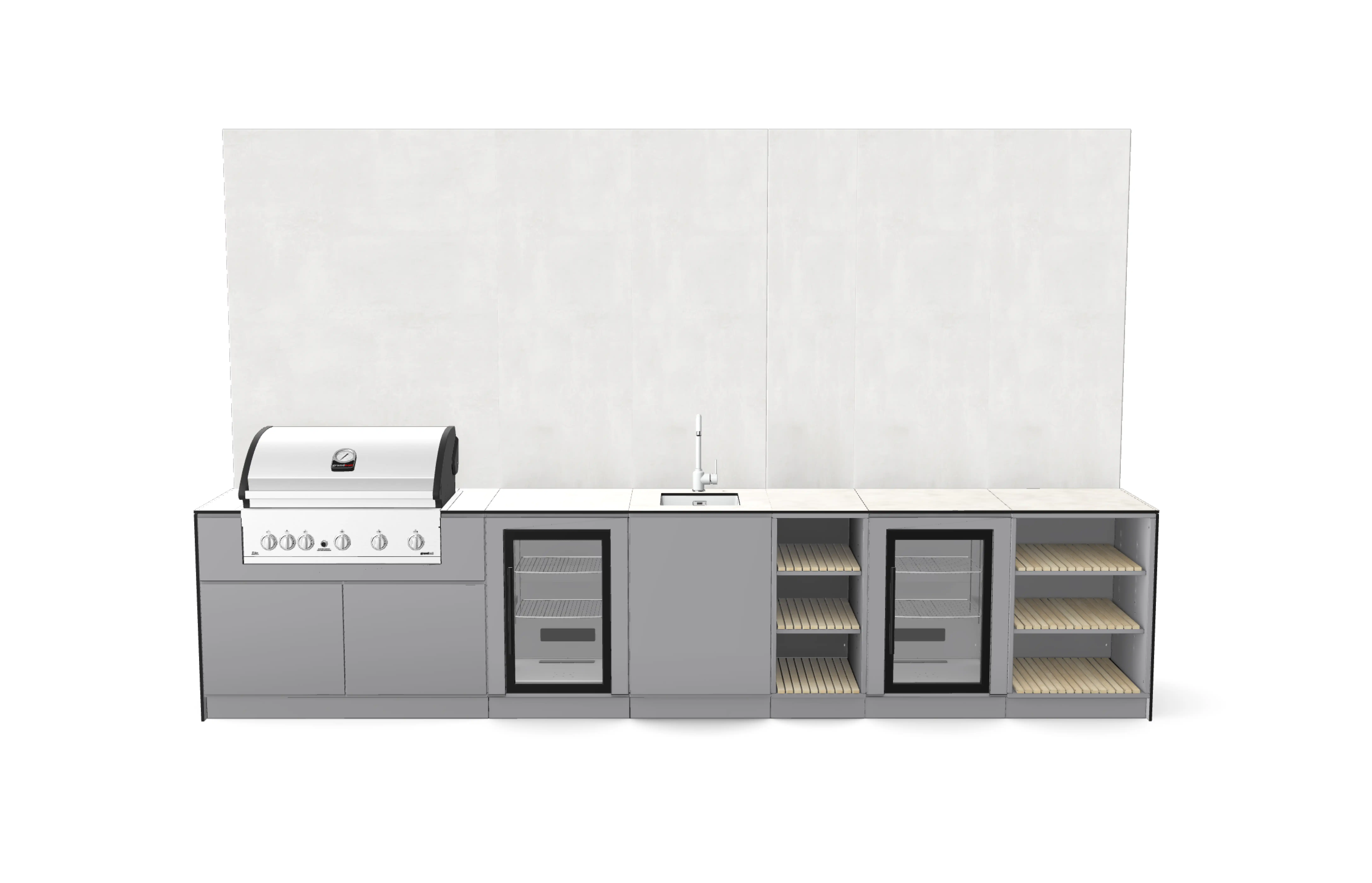 Interactive kitchen configurator interface showing modular design system with draggable cabinet components including BBQ unit, burner cabinet, drawer units, fridge module, corner units, and storage options.