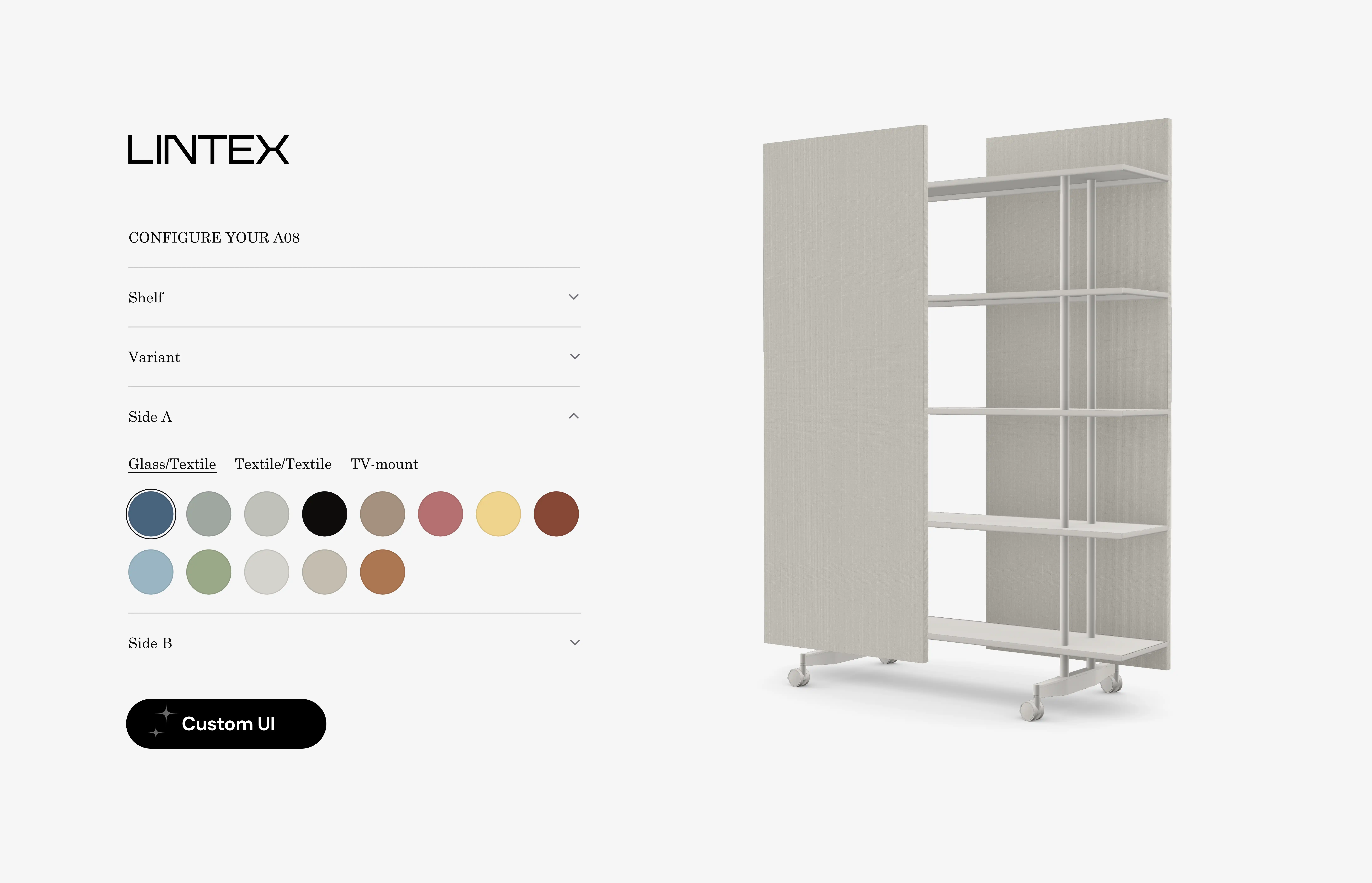 Interactive 3D configurator for the shelf unit showing custom UI with shelf, variant, and module options including glass, textile, and color swatches.