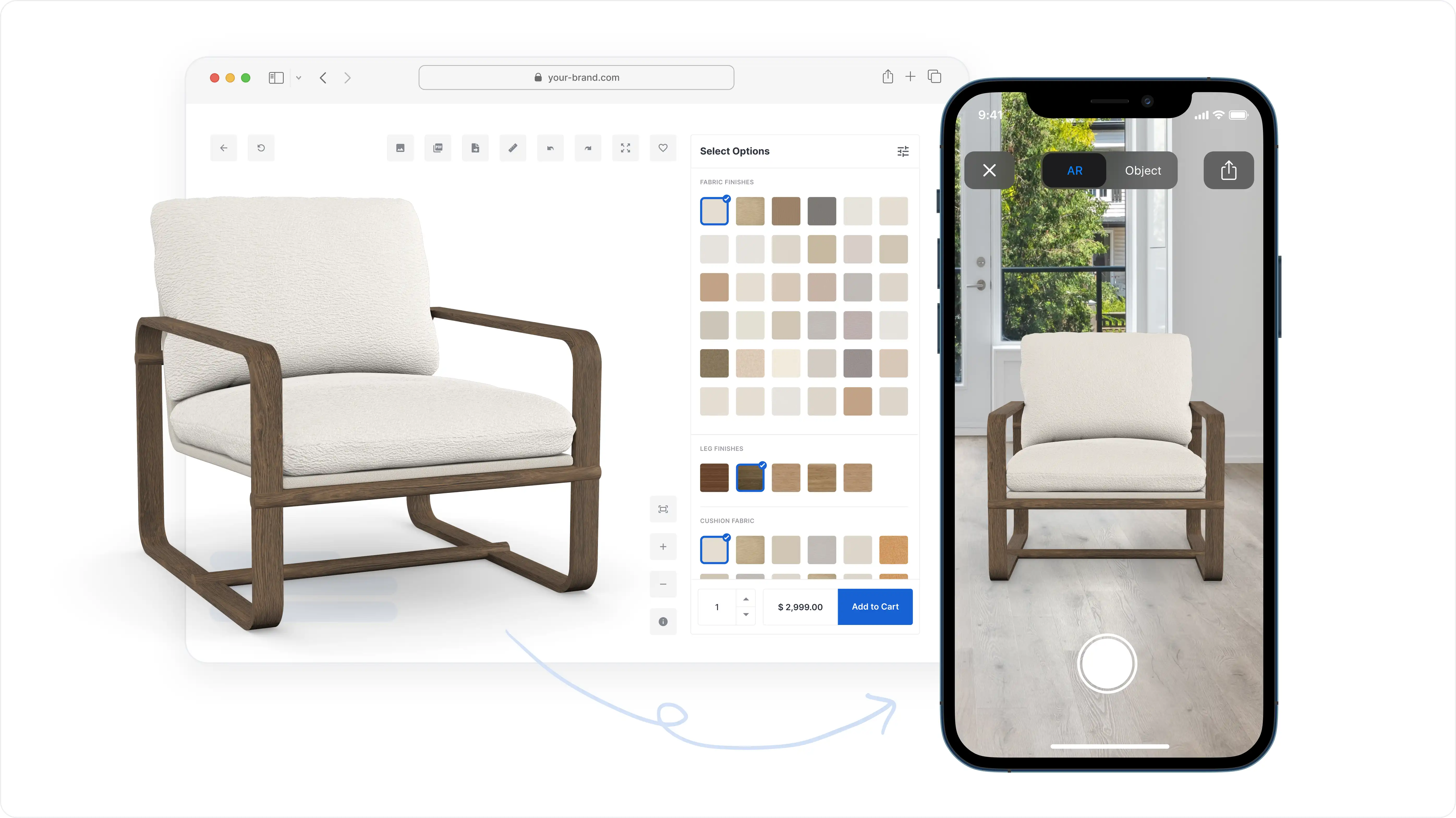 Mimeeq 3D and AR for eCommerce showing an armchair configured on desktop with fabric swatches and previewed in augmented reality on a mobile phone