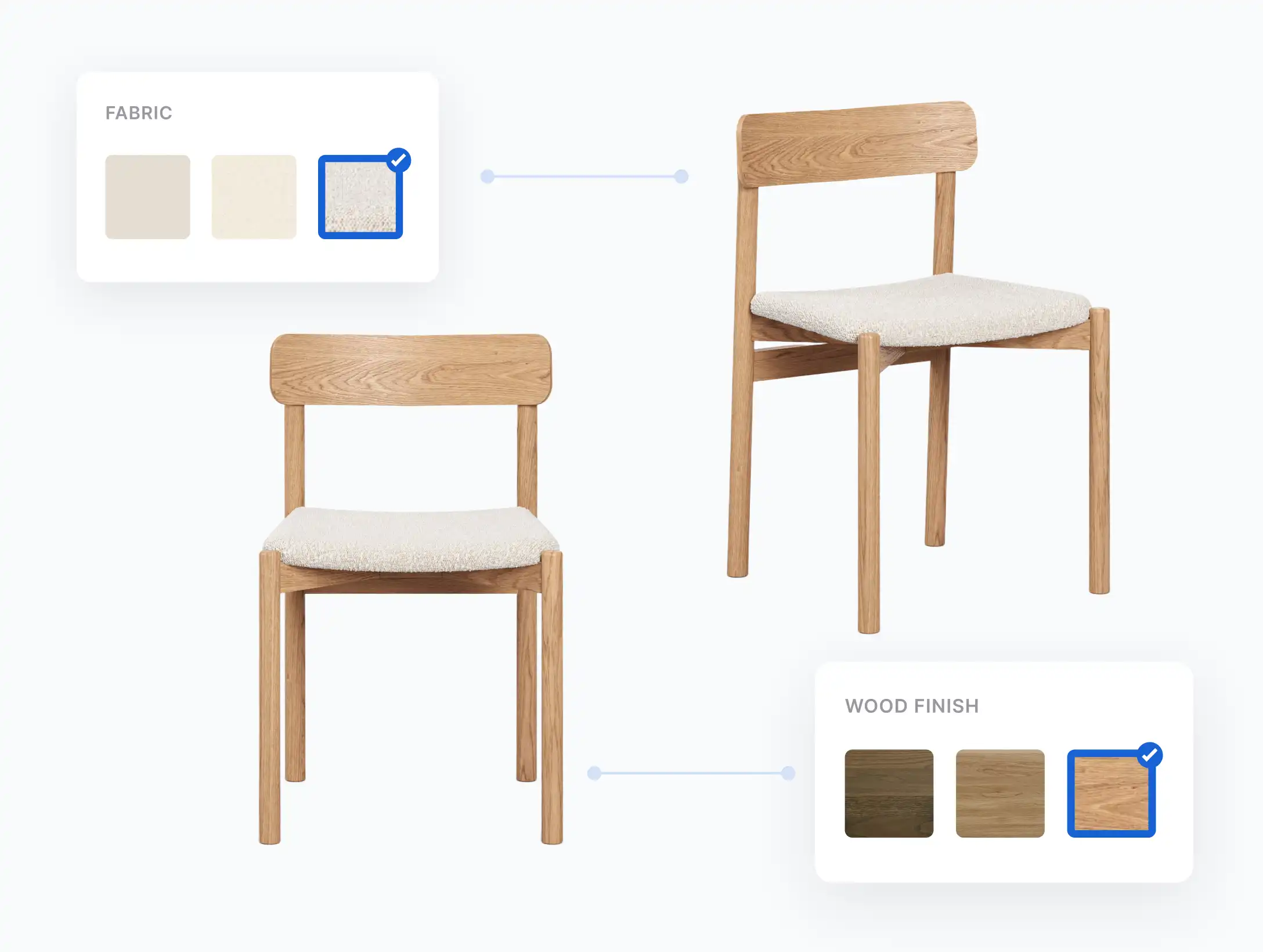 Mimeeq 2D product configurator displaying a wooden chair with fabric and wood finish options shown as layered swatches