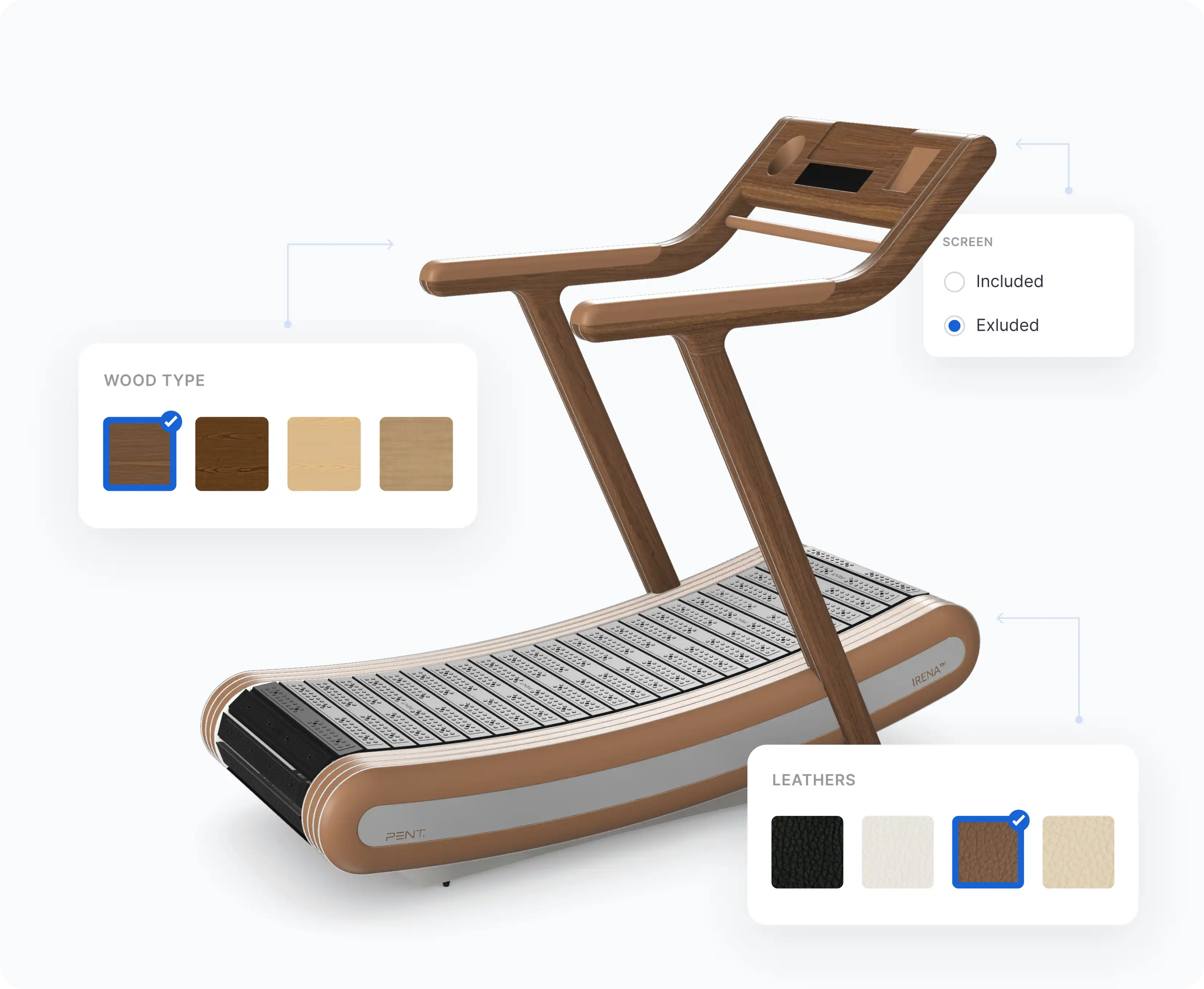 3D configurator showing a walnut treadmill with wood type and leather colour options selected
