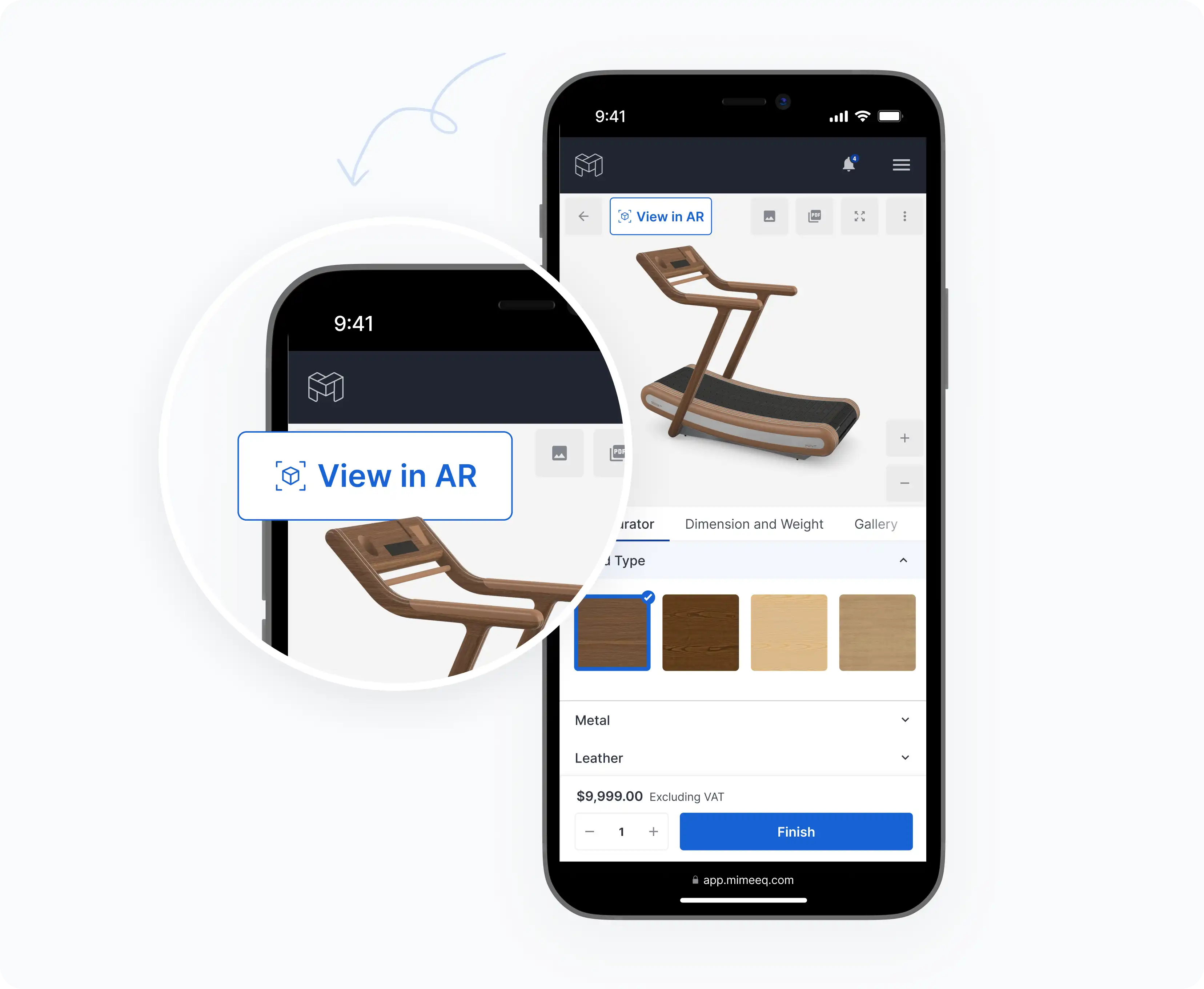 Mobile configurator showing a configured treadmill with View in AR button highlighted
