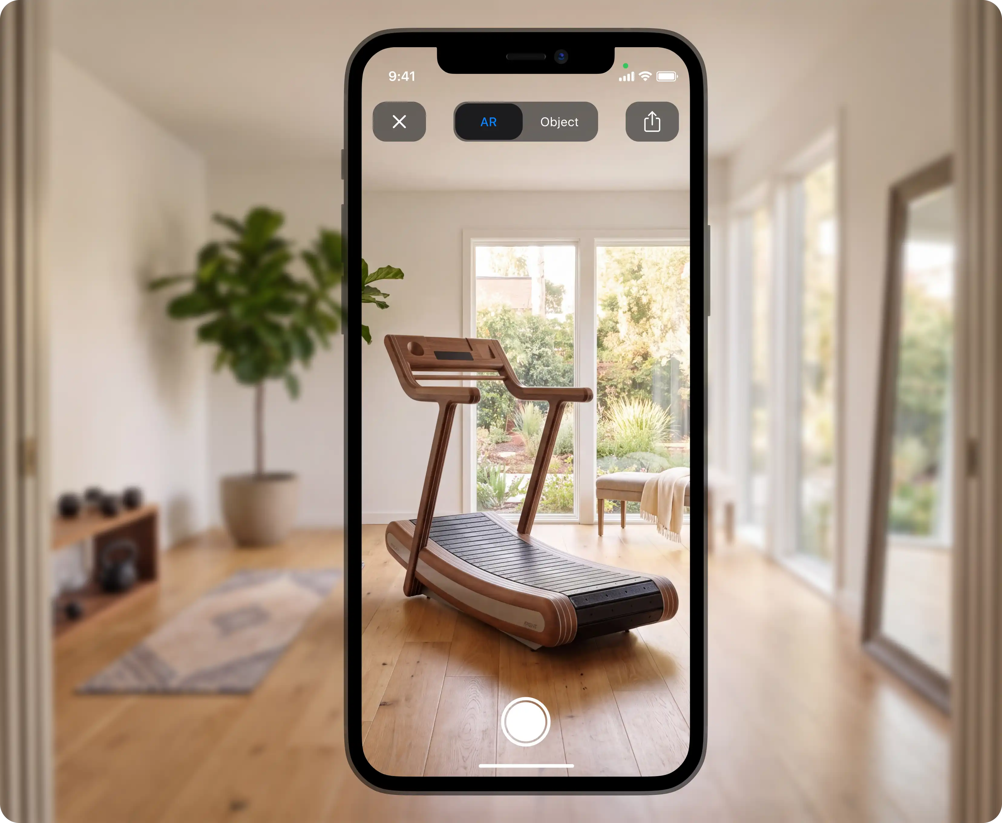 iPhone showing a walnut treadmill placed in a home gym via AR product configurator