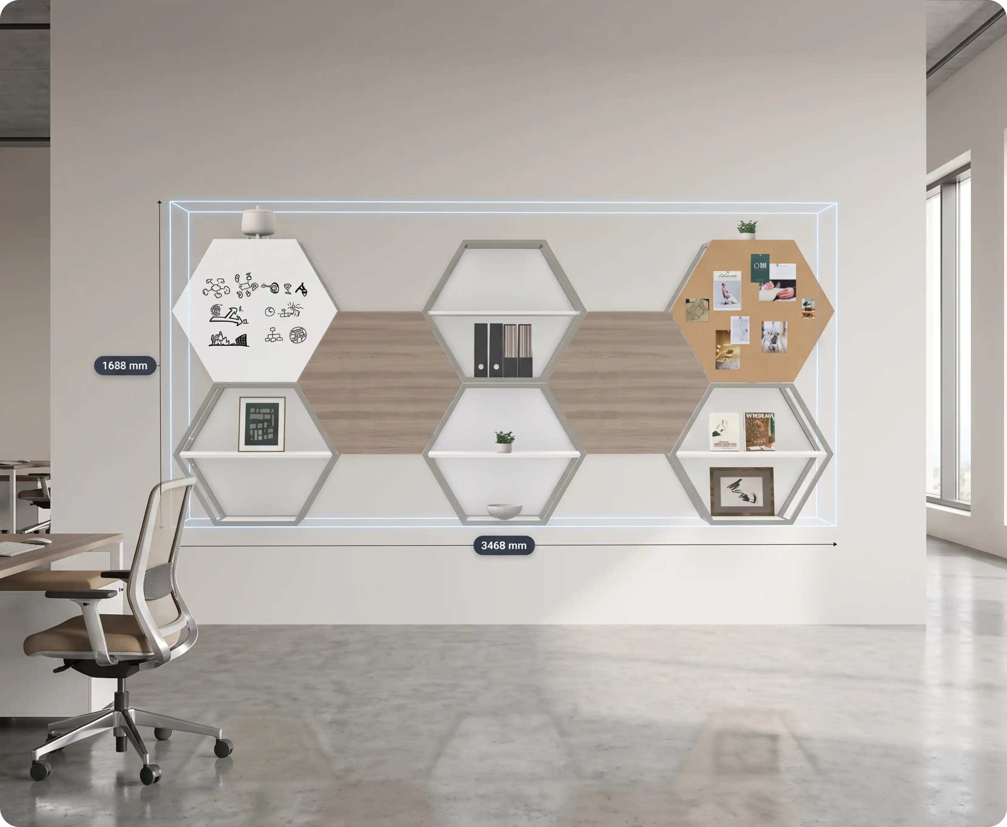 Modular hexagonal shelving system previewed in AR on an office wall, showing width and height dimension annotations before installation