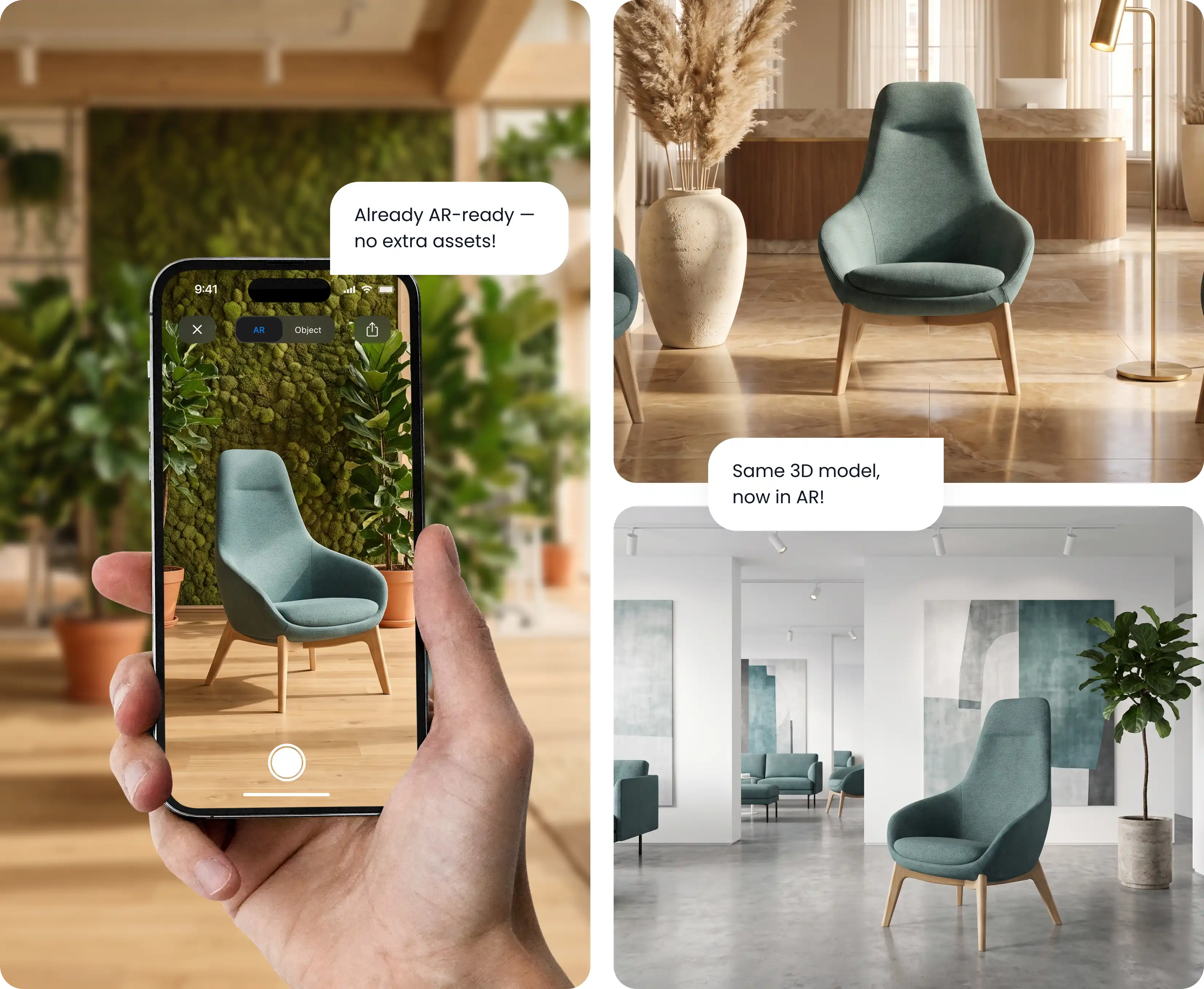 Teal lounge chair shown in AR on iPhone and placed in a hotel lobby and showroom — same 3D model, no extra assets needed