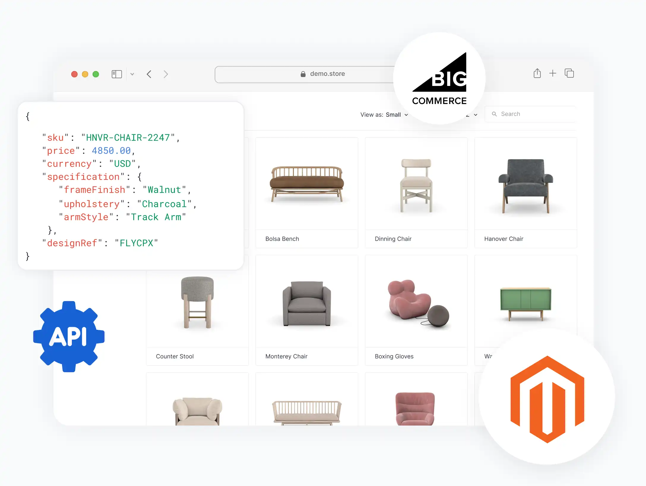 JSON response from the Mimeeq API showing configured product data — SKU, price, and specification — returned to a custom storefront