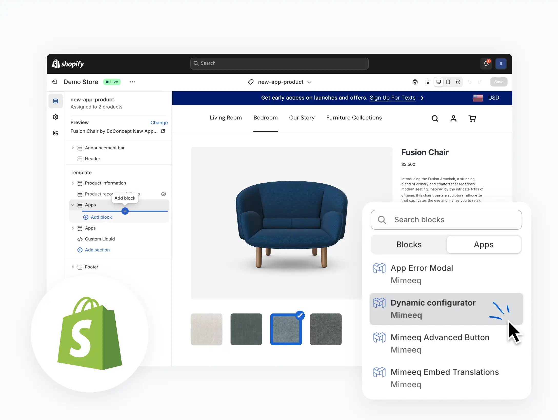 Shopify theme editor showing the Mimeeq Dynamic Configurator and Advanced Button blocks added to a Fusion Chair product page