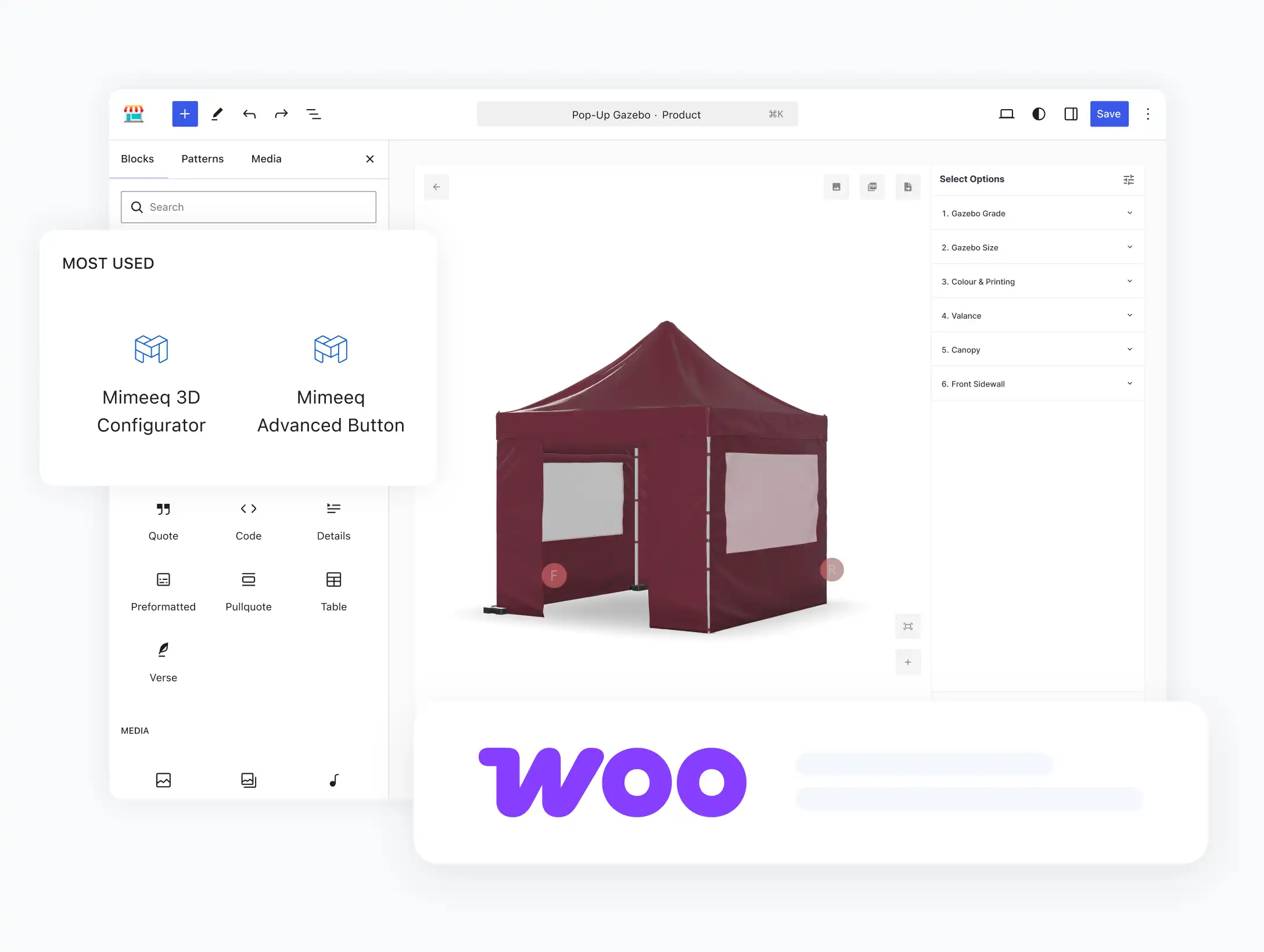 WooCommerce Gutenberg editor showing the Mimeeq 3D Configurator block added to a pop-up gazebo product page