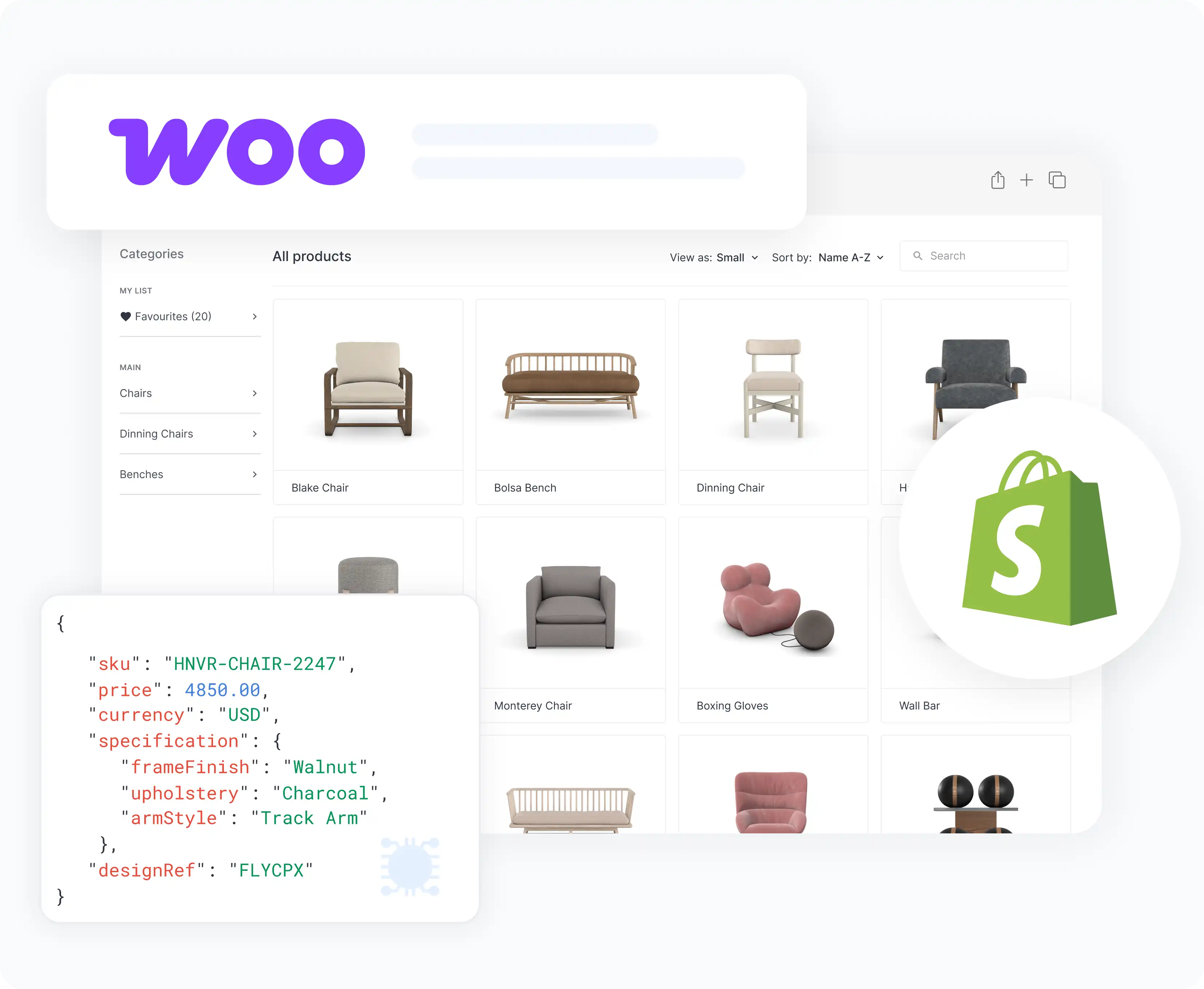 Furniture storefront with Shopify, WooCommerce, and API integration elements, showing Mimeeq configurator data flowing into different platforms