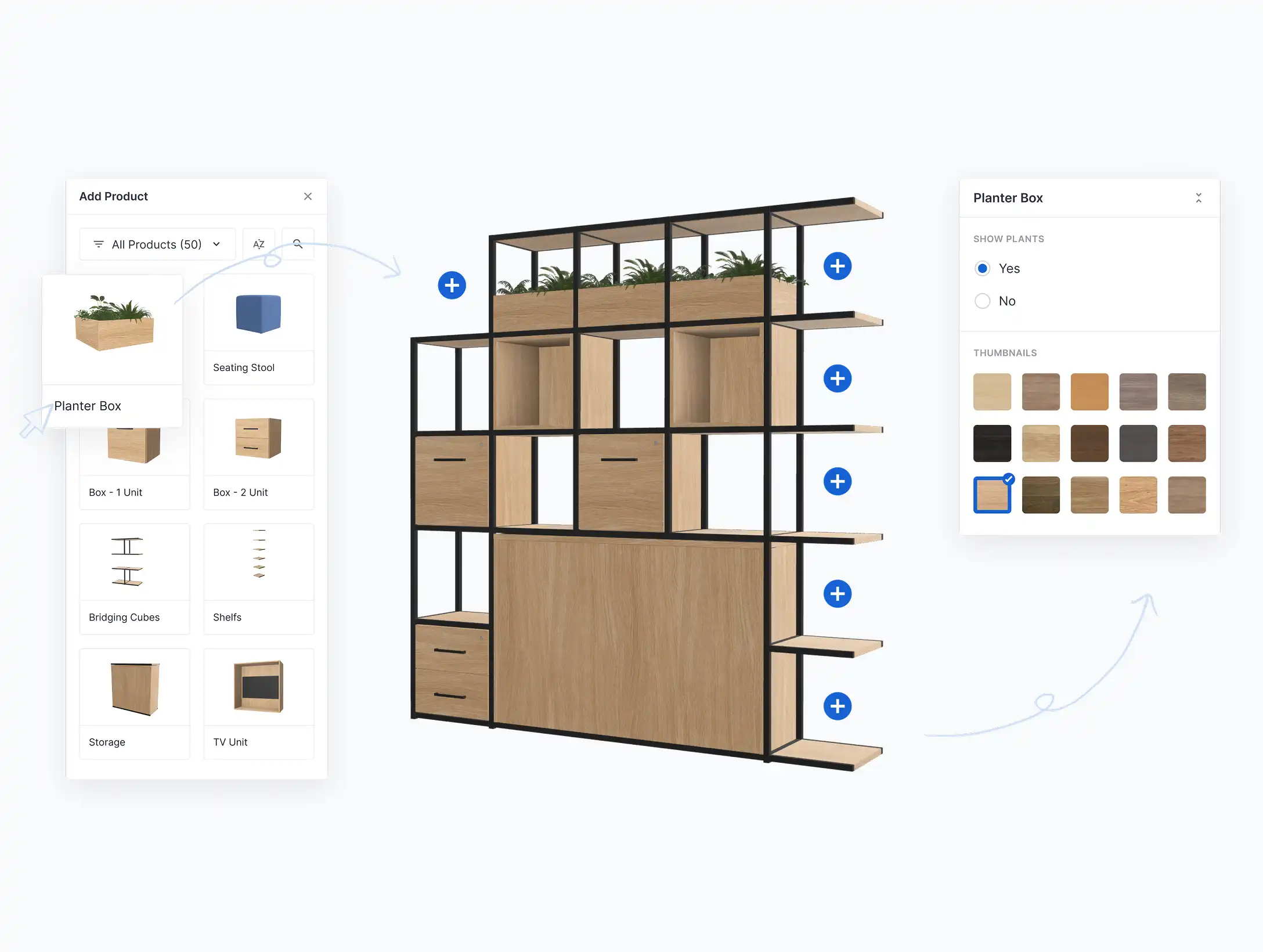 Mimeeq modular product configurator showing a customisable shelving unit with panel, size, and finish options in a side panel