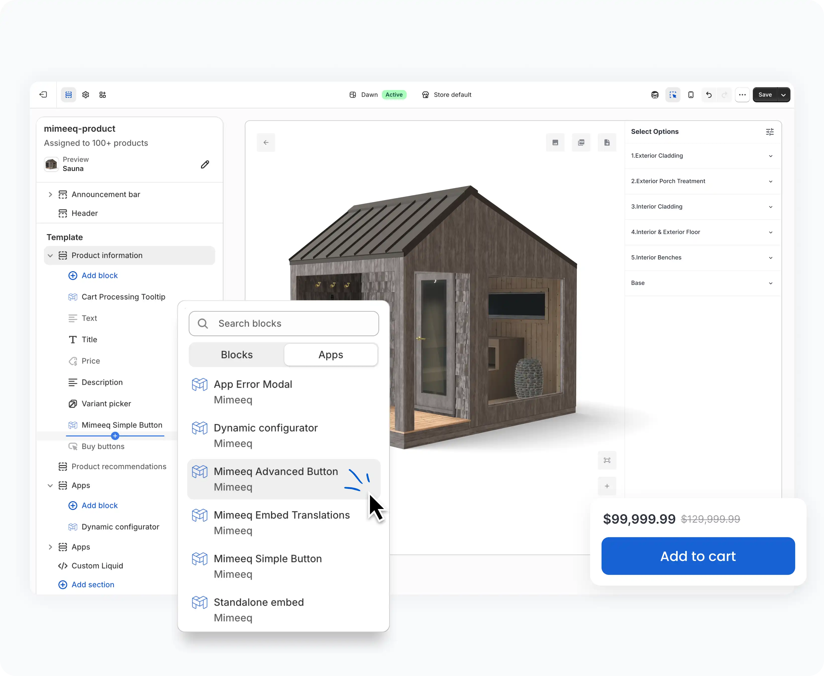 Shopify theme editor showing Mimeeq app blocks being added to a product page — Dynamic Configurator, Advanced Button, Standalone Embed, and Translations blocks listed alongside a live 3D sauna configurator preview with real-time pricing and Add to Cart.