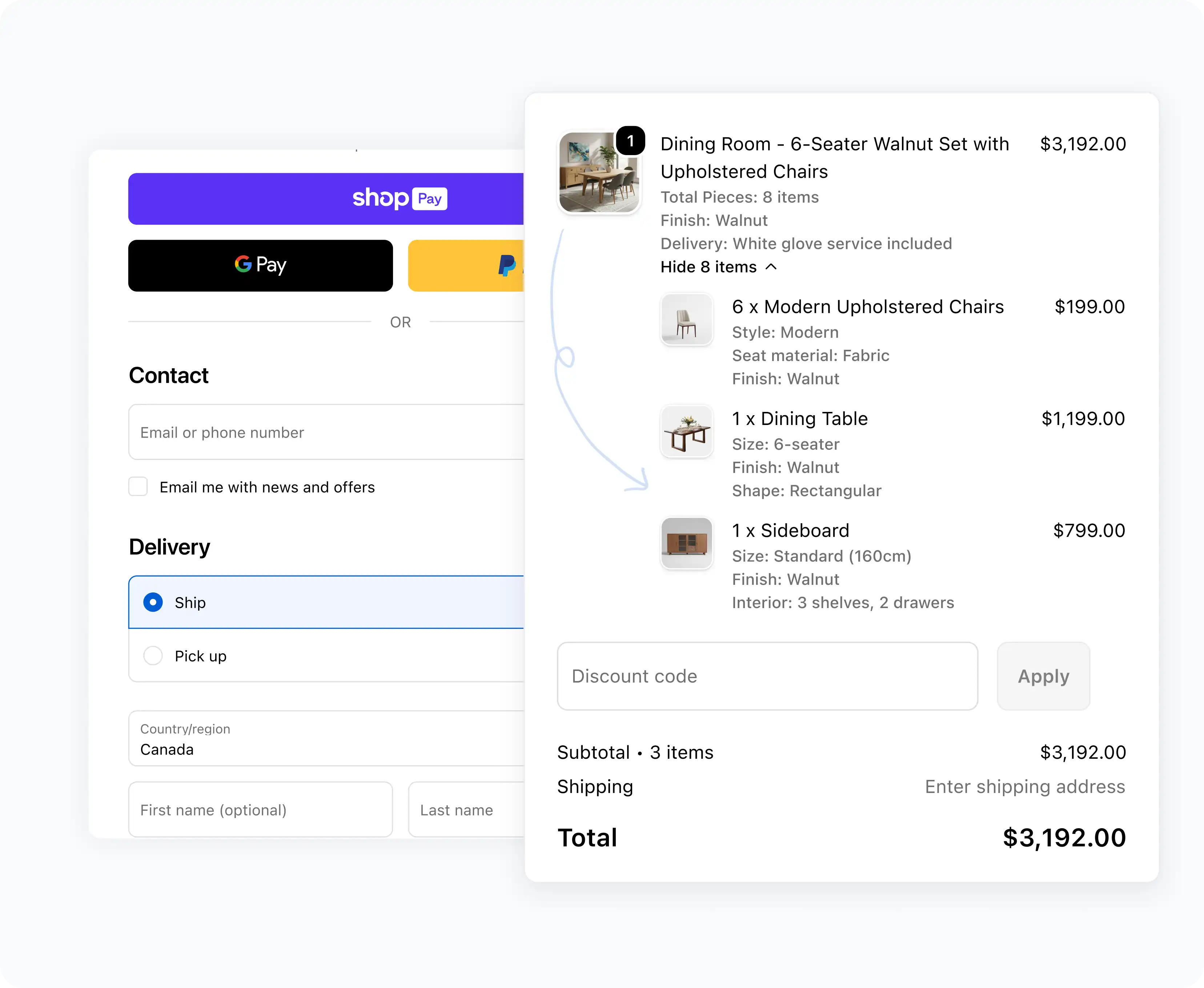 Shopify checkout showing a configured dining room set broken into genuine native bundle line items — 6 upholstered chairs, dining table, and sideboard each priced separately with finish and size details, totalling $3,192, alongside Shop Pay, Google Pay, and PayPal express checkout options.