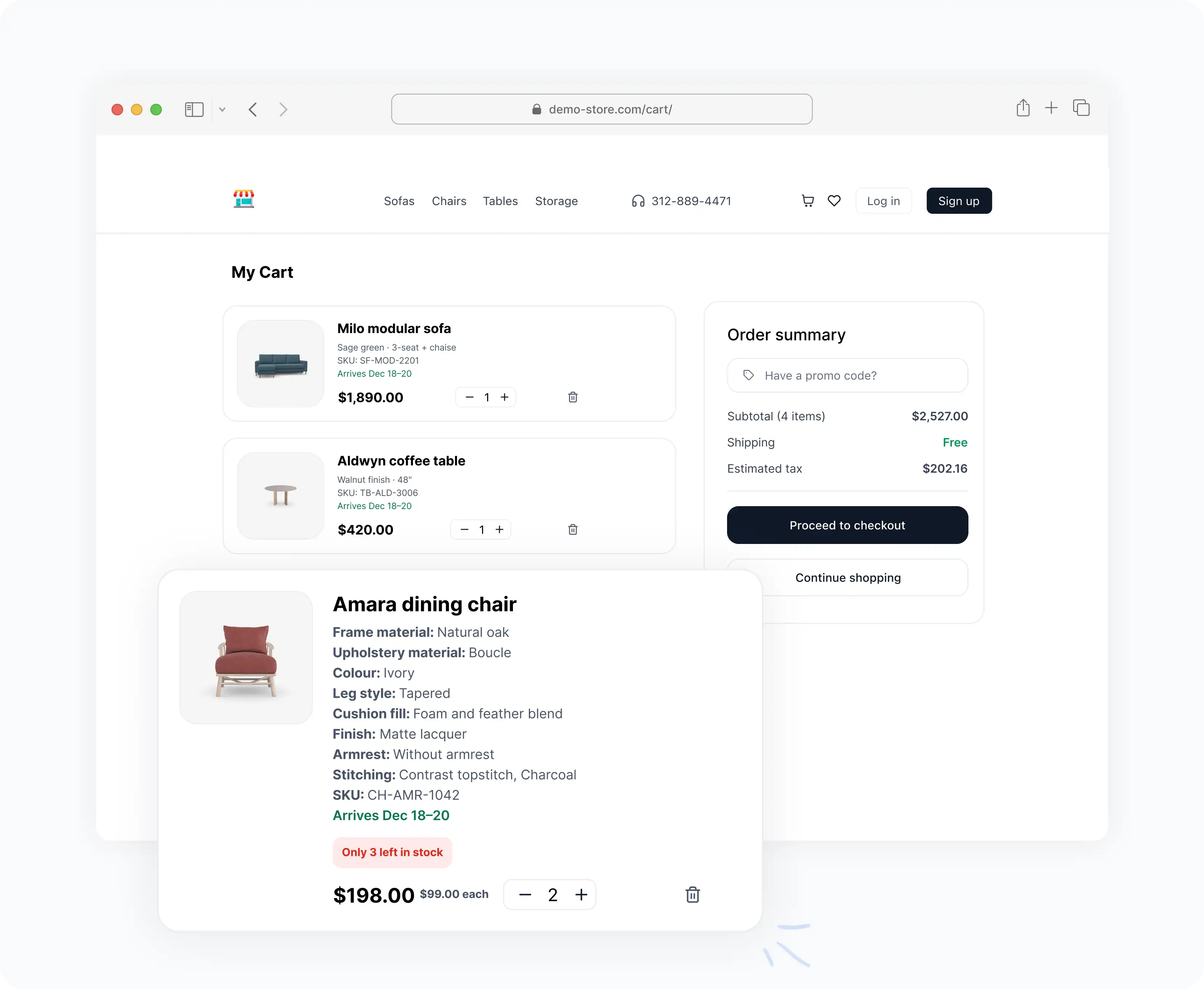Shopify cart page showing three configured products — a modular sofa, coffee table, and dining chair — each with full configuration details including frame material, upholstery, colour, leg style, and SKU, added natively via Mimeeq with delivery dates and live stock warnings.