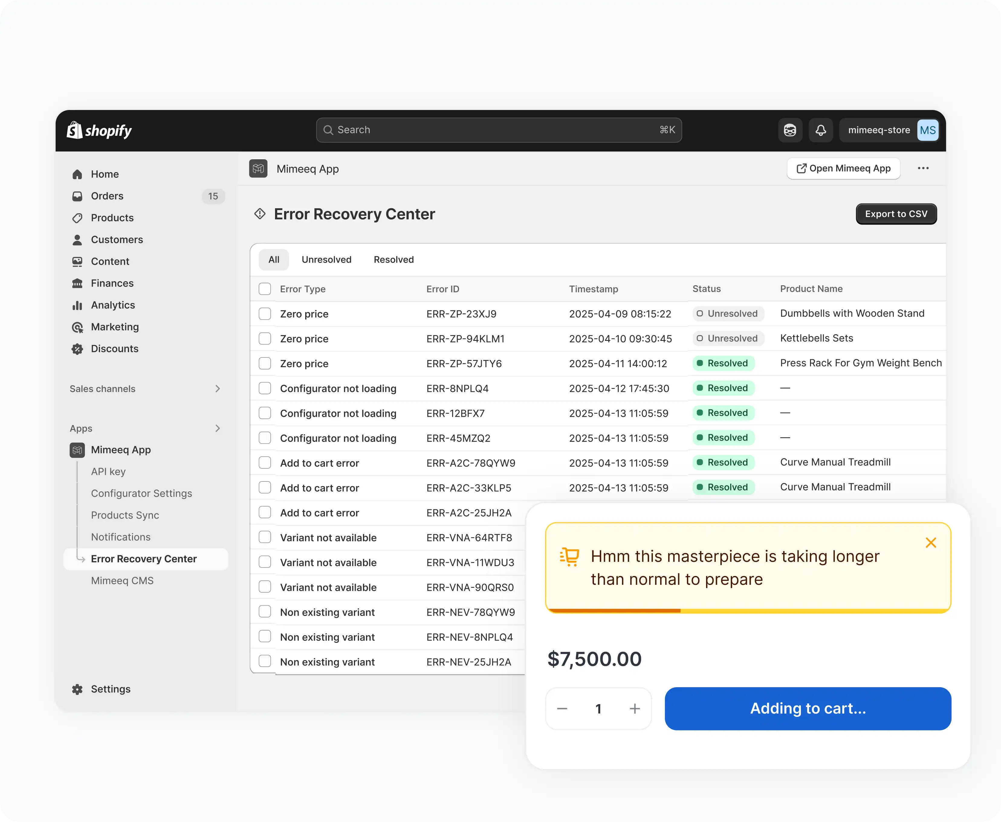 Mimeeq Error Recovery Center inside Shopify admin showing a filterable log of configurator errors — zero price, add to cart, and variant not available — with resolved and unresolved statuses, alongside a live cart loading state displaying a $7,500 product being added to cart.