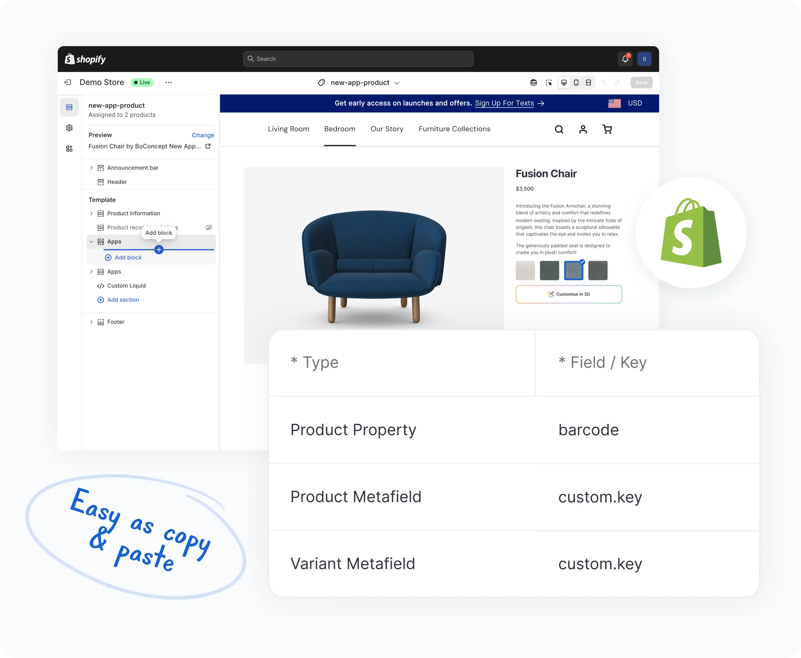 Mimeeq custom field mapping interface showing Product Property, Product Metafield, and Variant Metafield types mapped to Shopify fields including barcode and custom.key, alongside the Shopify theme editor with a live furniture product page and a Customise in 3D button.