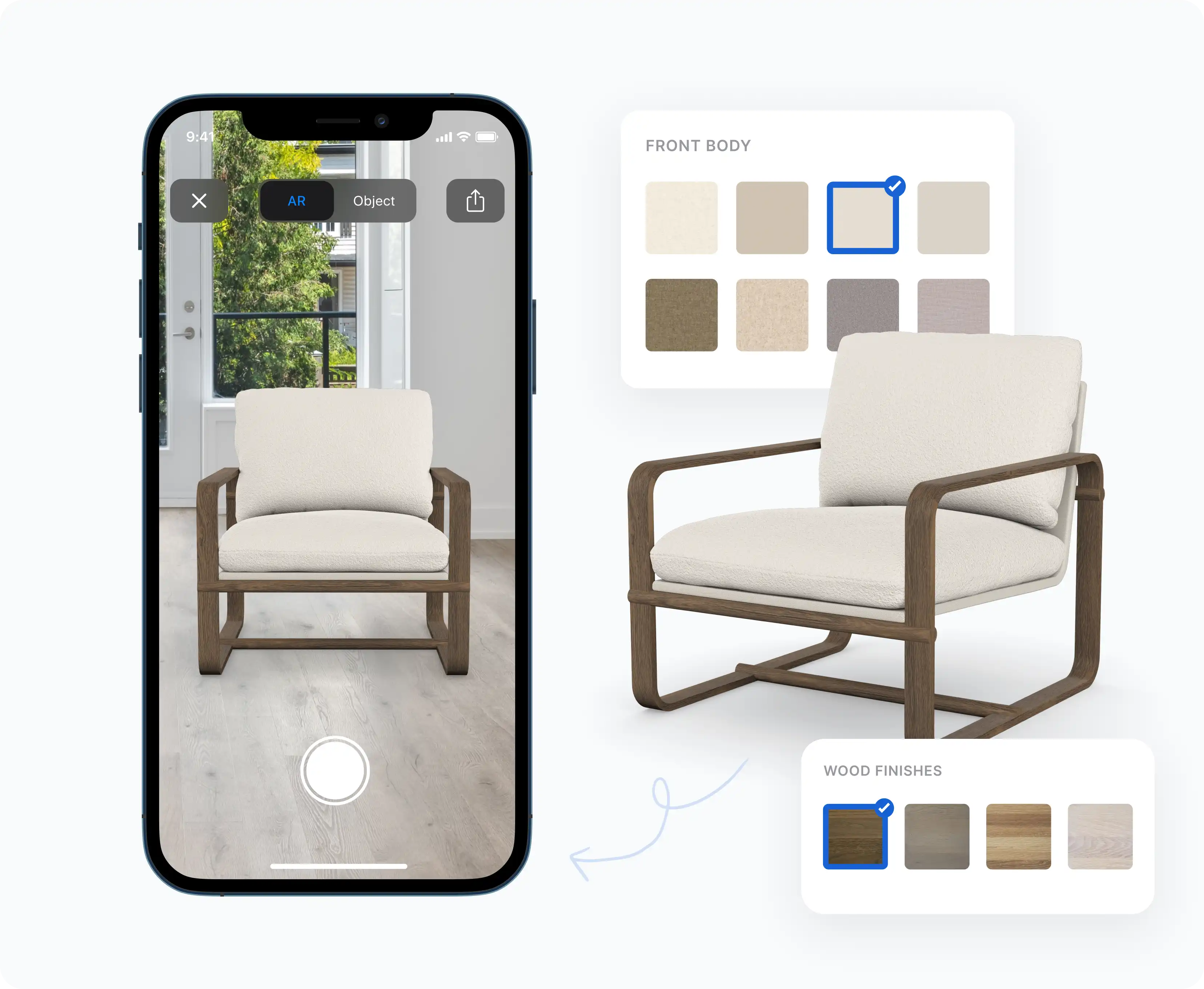 Armchair viewed in AR on a phone next to its 3D configurator with fabric and wood finish options